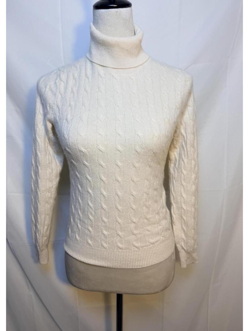 100% Cashmere Cable Knit Turtleneck Sweater, Madison Studio, Ivory Cream
